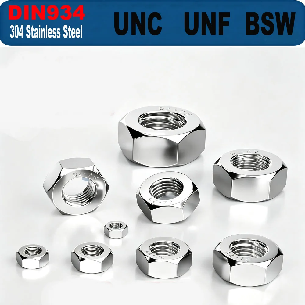 UNC/UNF/BSW Thread Hexagon Nuts - DIN934 GB6170 SUS304 Stainless Steel 0#-80 to 3/4-10