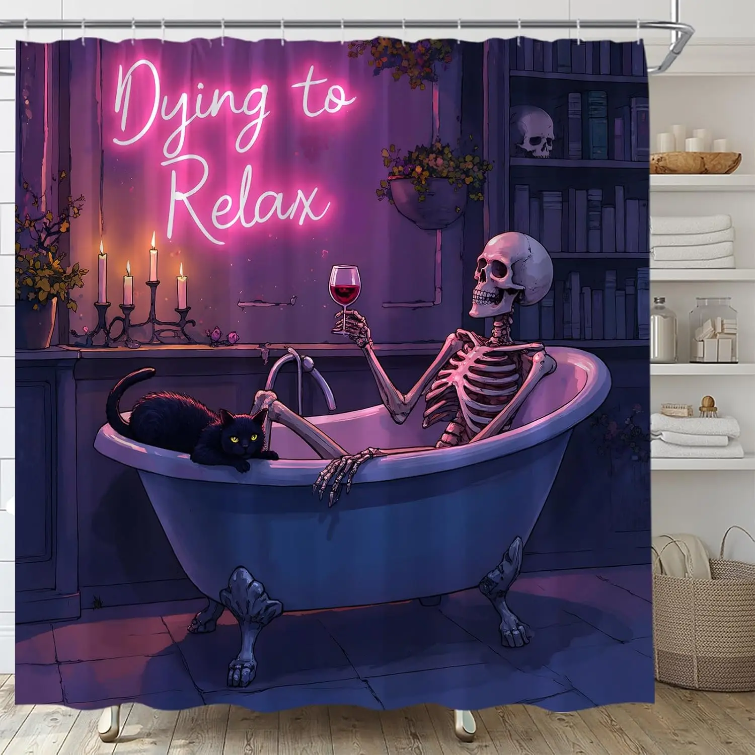 Funny Skull Shower Curtain Horror Halloween Spooky Skeleton in Bathtub Gothic Black Cat Hilarious Bone Fabric Bathroom Decor