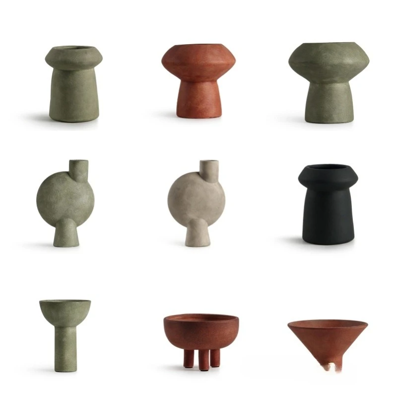 Wabi Sand Wind Morandi Color Ceramic Vase Home Study Geometric Flower Appliance Soft Decoration Model Room Bed and Breakfast