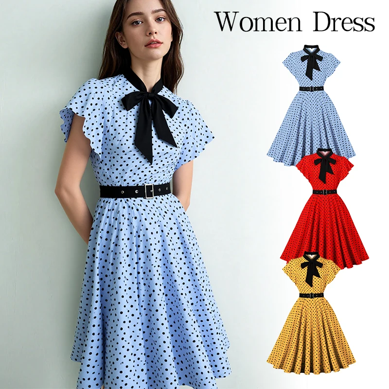 

Women Vintage Polka Dots Dress Retro Elegant V-Neck Office Cocktail Tea Party 1950s 40s Swing Dress Summer Dress With Belt