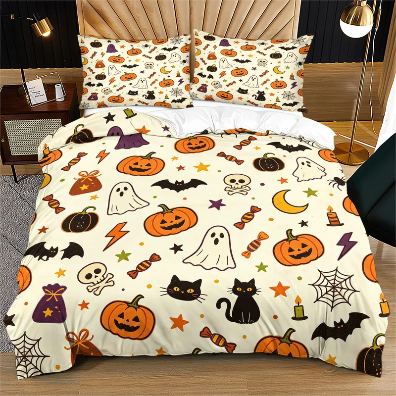 2/3Pcs Cute Halloween Duvet Cover Set, Polyester, Multi‑Size, Cartoon Pumpkin Ghost Spider Print, No Filling & Pillow Inserts