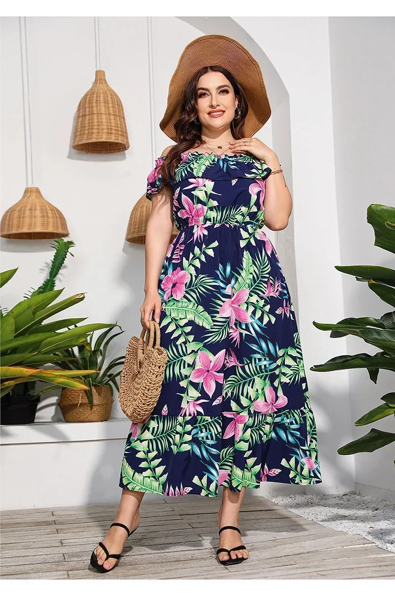 Długie sukienki z odkrytymi ramionami Plus Size Kobiety Casual Loose Sex Beach Dress Office Lady Slash Neck Streetwear Wiosna Lato