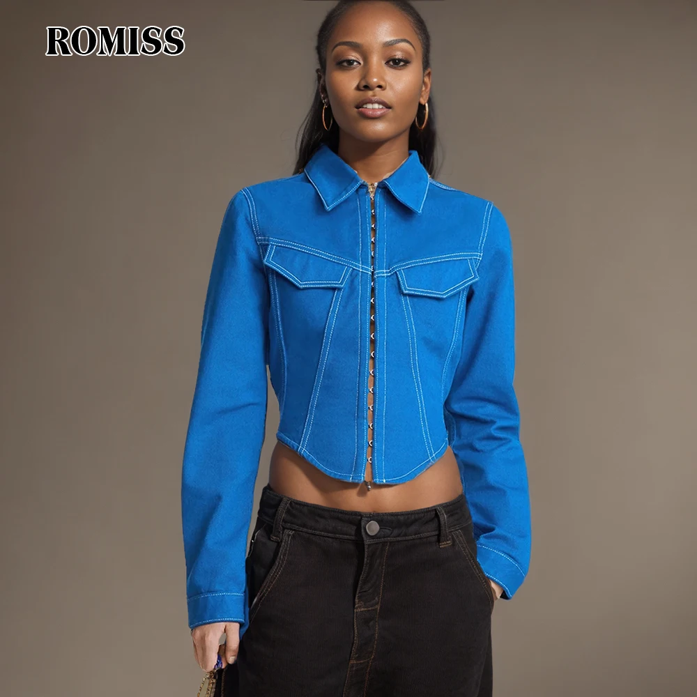 

ROMISS Minimalist Slimming Denim Coats For Women Lapel Long Sleeve Single Breasted Irregular Hem Solid Chic Jackets Coat Female