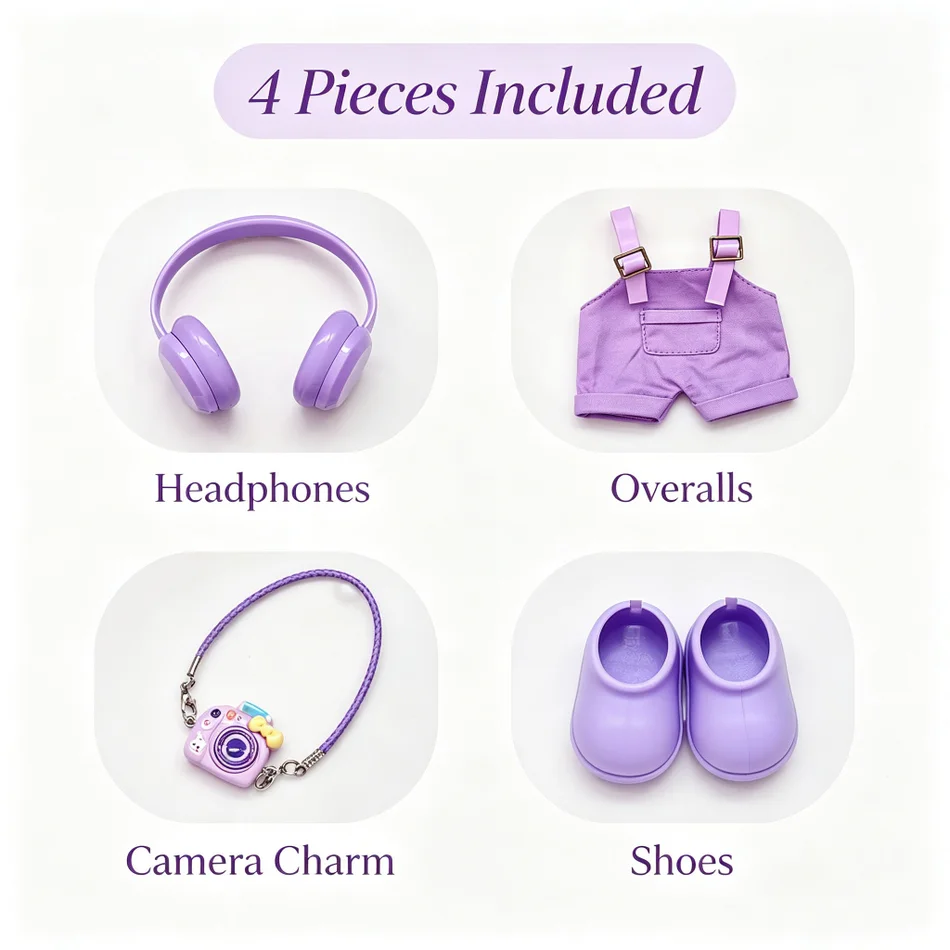 4Pcs Mini Labubu Doll Outfit Set Cute Headphones Overalls Camera Charm Shoes Dress Up Fashion Photo Accessories Lovely Gift