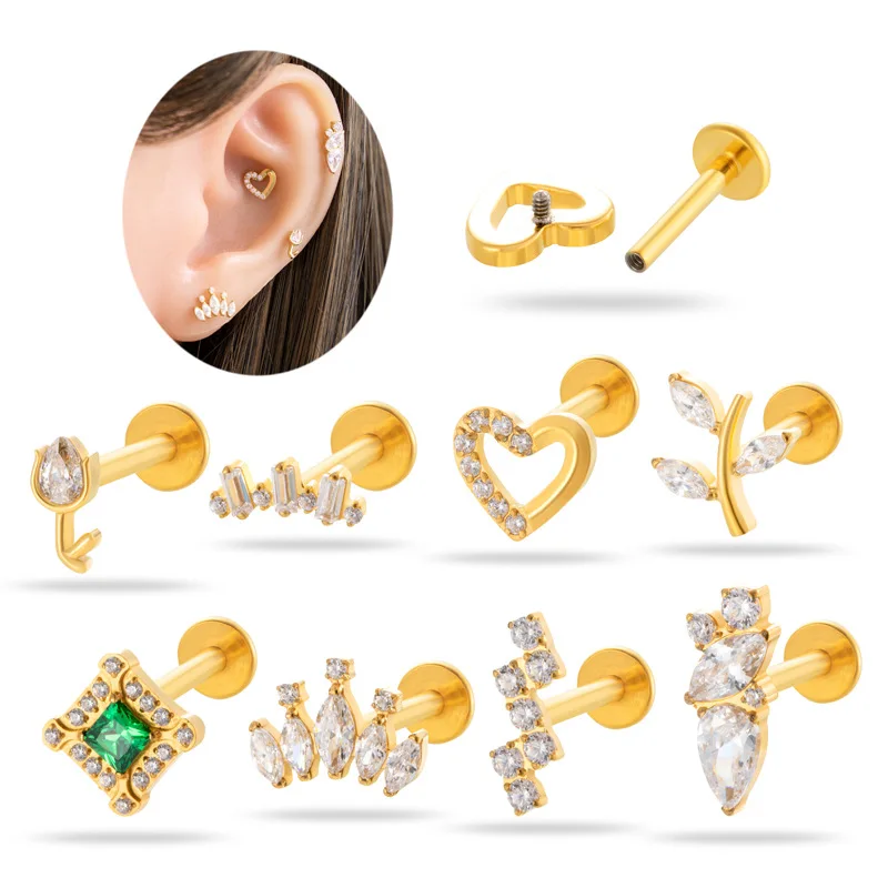 1 pieza G23 pendiente de titanio Piercing Labret oreja Stud corazón circón hélice Daith Tragus cartílago lóbulo Piercing joyería regalos