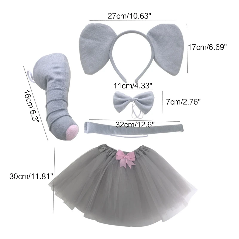 Elephant Costume Set Elephant Ears Nose Tail Bow Tie Tutu Animal Fancy Costume Kit Accessories for Halloween Cosplay M6CD