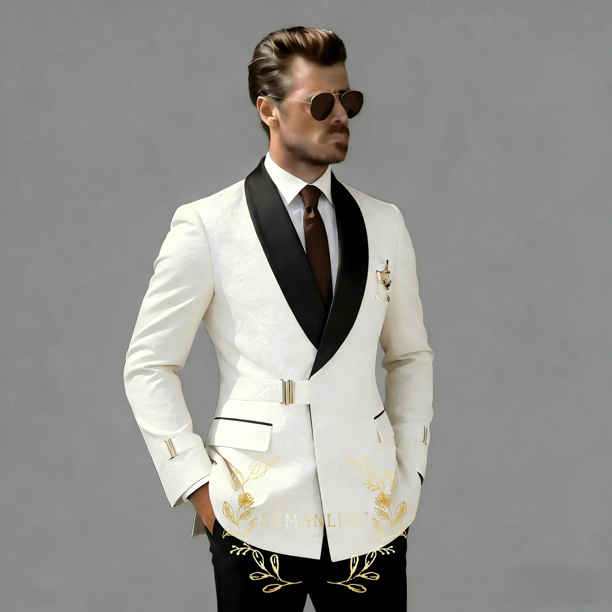 

White Jacquard Men's Double Breasted Suit Set 2 Piece Shawl Lapel Blazer Pants Slim Fit Formal Wedding Tuxedos Groom Wear Outfit