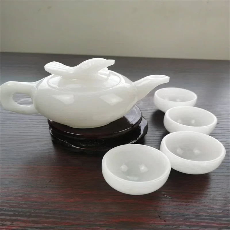 

China white Jade Carved ,Teapot Four Cups, Of Kung Fu A Set Of Tea Utensils,Bamboo Knot Type