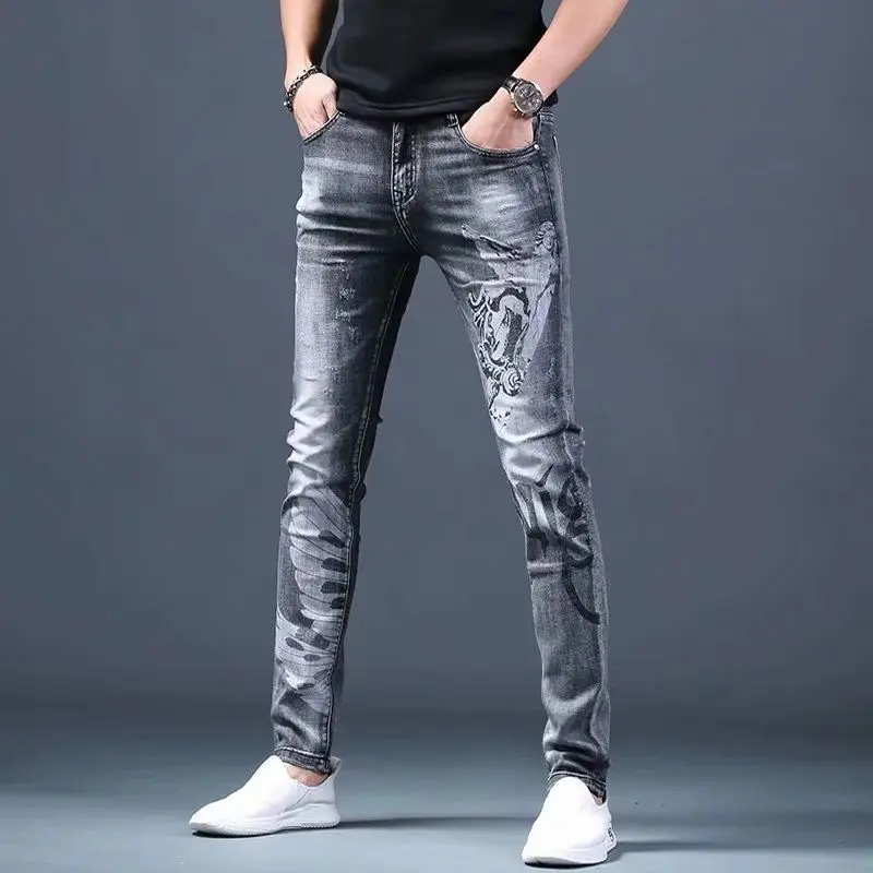 Stylish Trendy Luxury Rhinestone Designs Men\'s Classic Jeans Relaxed Fit Denim Streetwear Cowboy Boyfriend Grey Trousers for Men