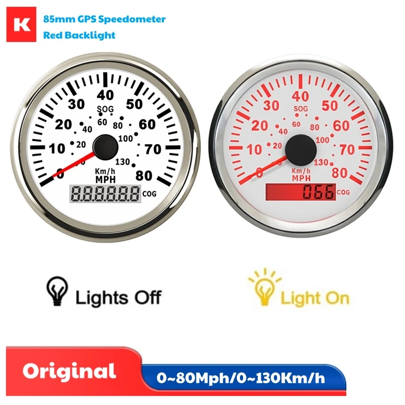 85mm 0-80MPH Show GPS Speedometers 0-130Km/H Black Speed Mileometers with GPS Antenna Red Backlight for Car Truck Boat Vessel