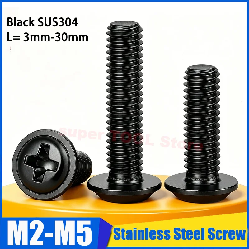 10Pcs-1000Pcs/lot M2 M2.5 M3 M4 M5 Black 304 Stainless Steel Round Head Phillips Screw With Pad Machine Screws Fastener Bolt