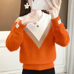 New Autumn and Winter Fashion Trend Color Matching V-neck Thread Loose and Versatile Foreign Style Knitted Long Sleeved Sweater