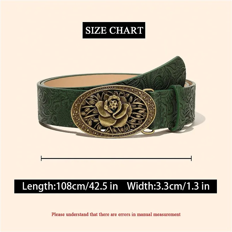 Fashionable and Exquisite Retro Rose Buckle Belt  Women's Oval Leather Belt with Embossed Waist Cincher and Carved Metal Buckle