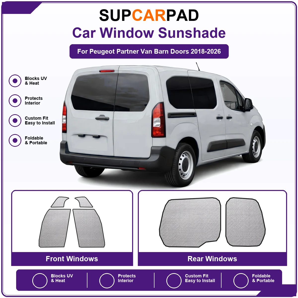 For Peugeot Partner Van Barn Doors 2018-2026 Pre‑Cut Auto Window Sunshade Anti‑UV Car Sun Visor Protector