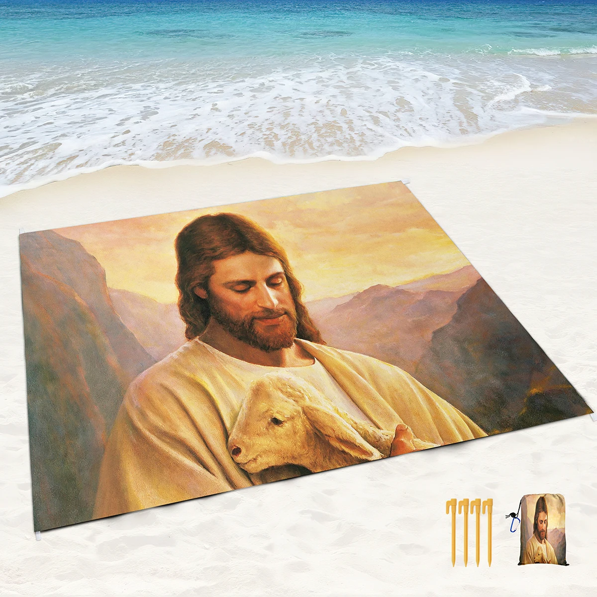 Religious Jesus Print Beach Blanket,Waterproof Sandproof Picnic Rugs with Sand Pockets and Stakes,Outdoor Pad for Seaside,Travel