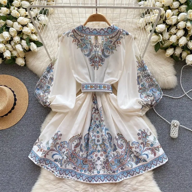 French Print V-neck Belt Puff Sleeve Long Sleeve Single Breasted Dress  A-line Casual Women Fashion Autumn Spring Vestidos - AliExpress 200000345