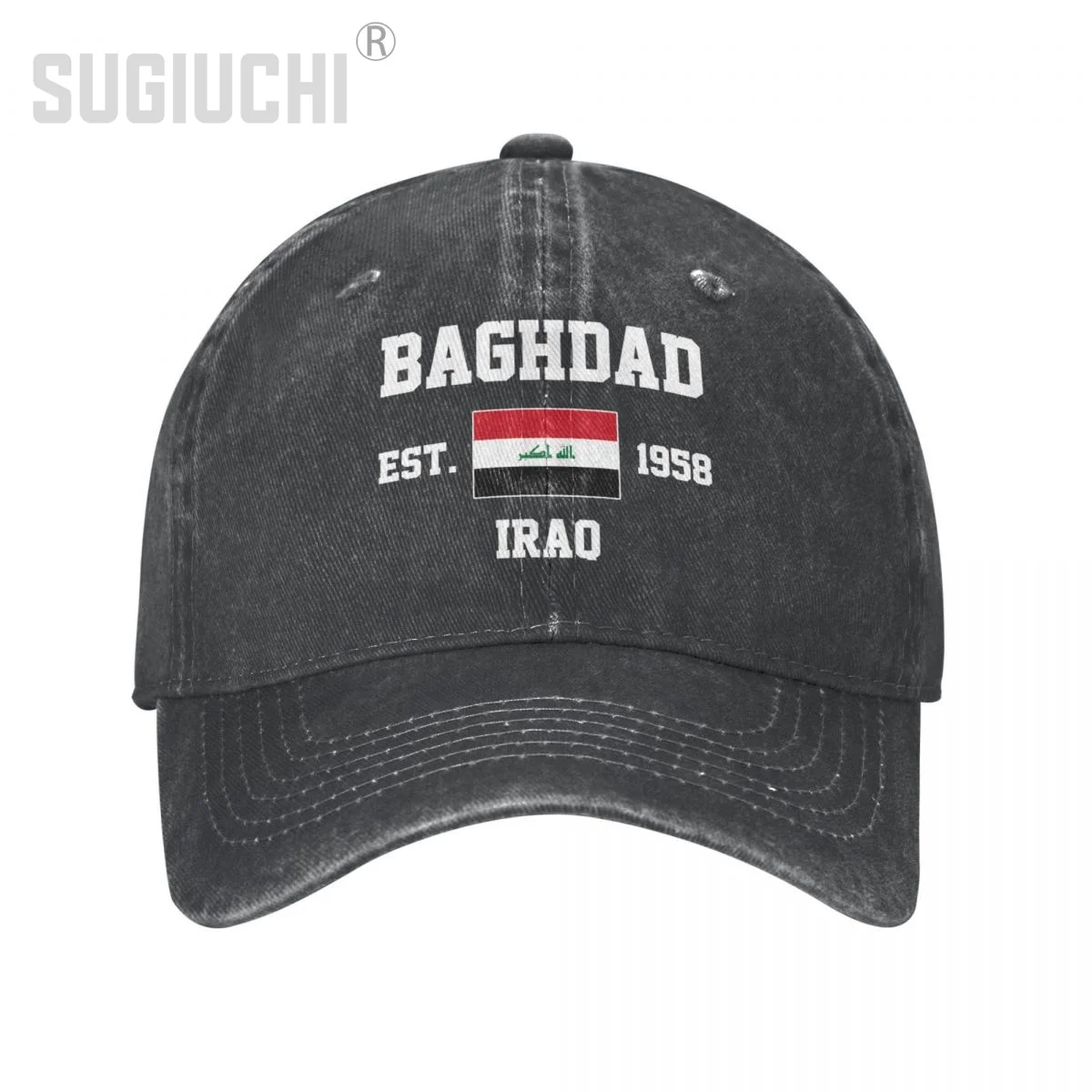 Flag of Iraq EST.1958 Baghdad Unisex Adult Charcoal Washed Denim Baseball Cap Men Vintage Cotton Dad Patriotic Trucker Hat