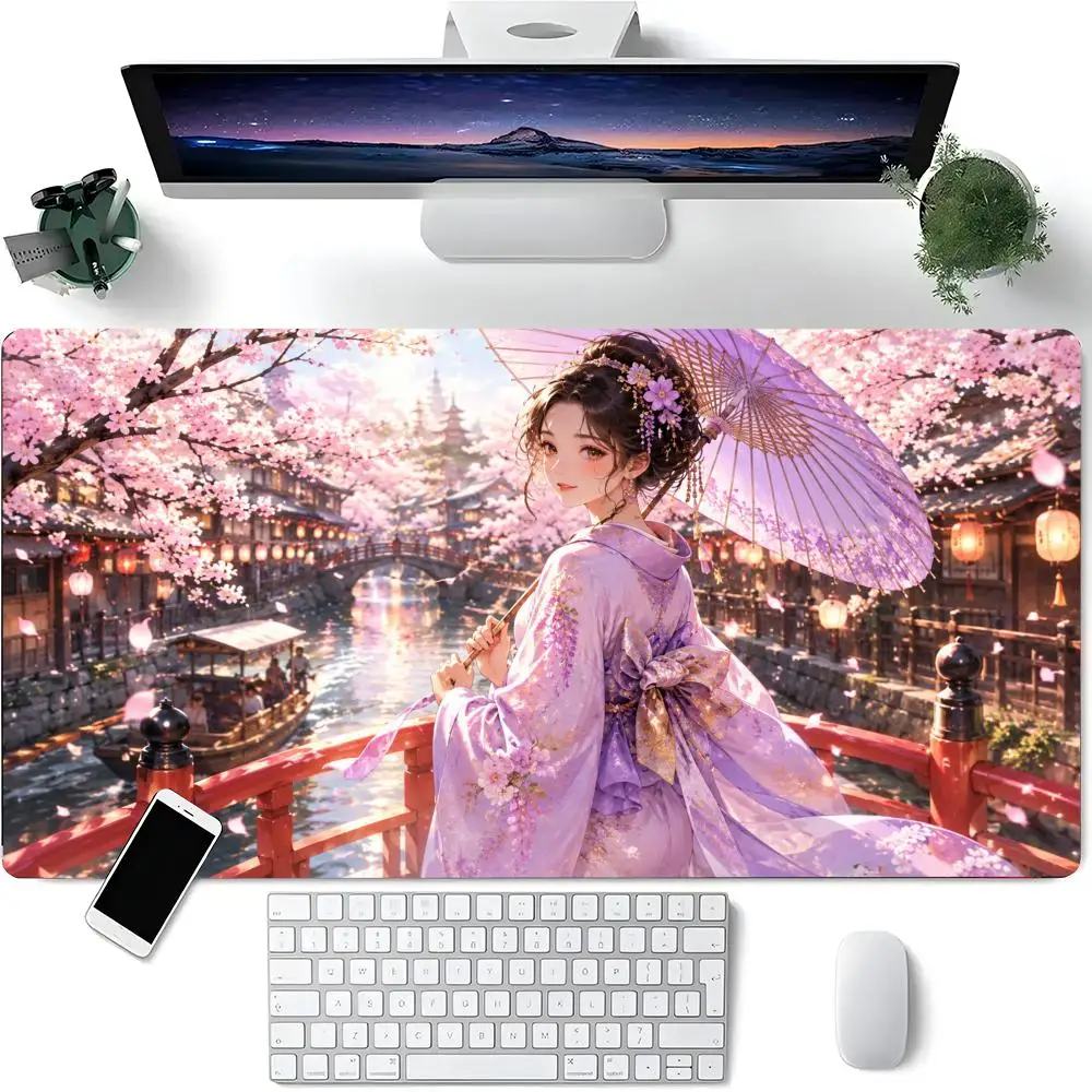 Sakura Falling Purple Paper Umbrella Ancient Japanese Canal Pattern Large Anti-Slip Keyboard Desk Mat for Gaming Office