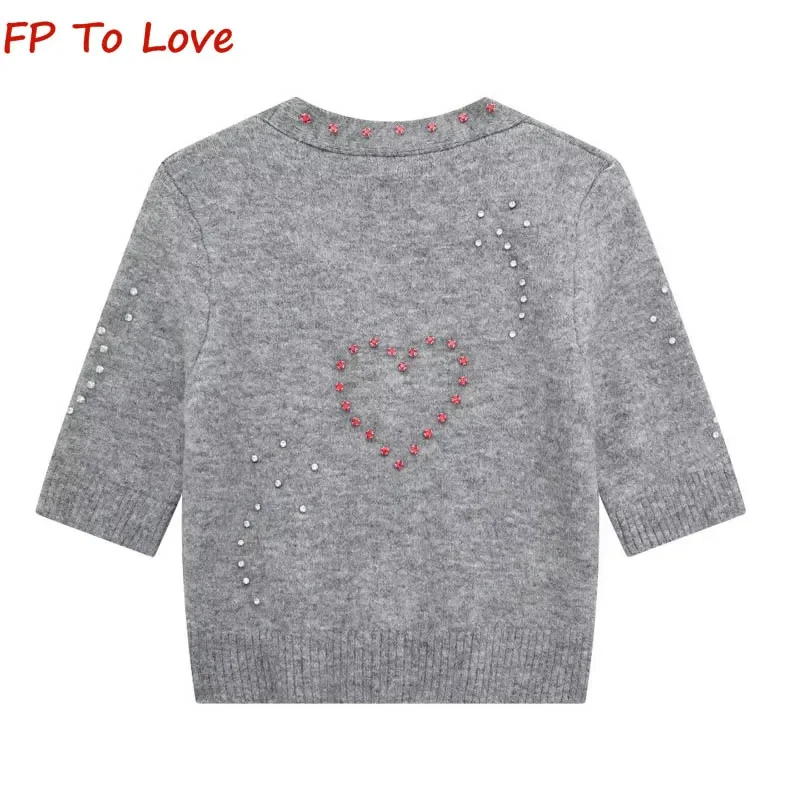 Street Heart Pattern PB&ZA Woman Grey V-Neck Beaded Embellished Heart Pattern Short Slim Knit Jacket 4331003