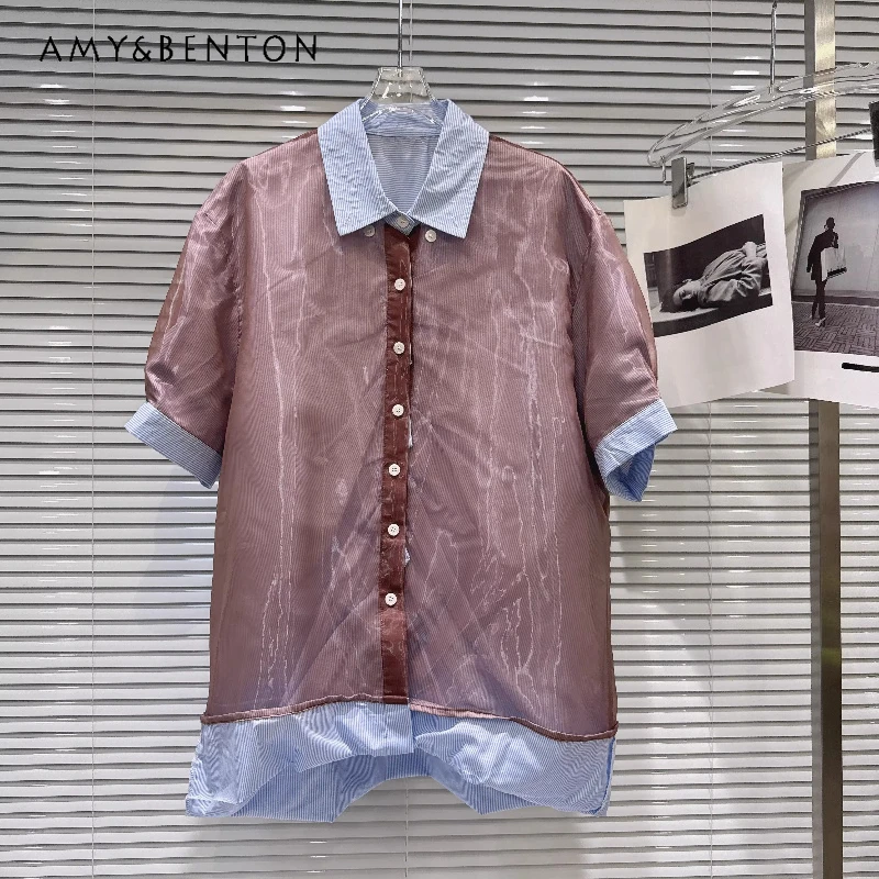 

2026 Spring Women's Clothing Retro Design Fashionable Hot Girl Mesh Splicing False Two-piece Loose Short-sleeved Shirt Ladies