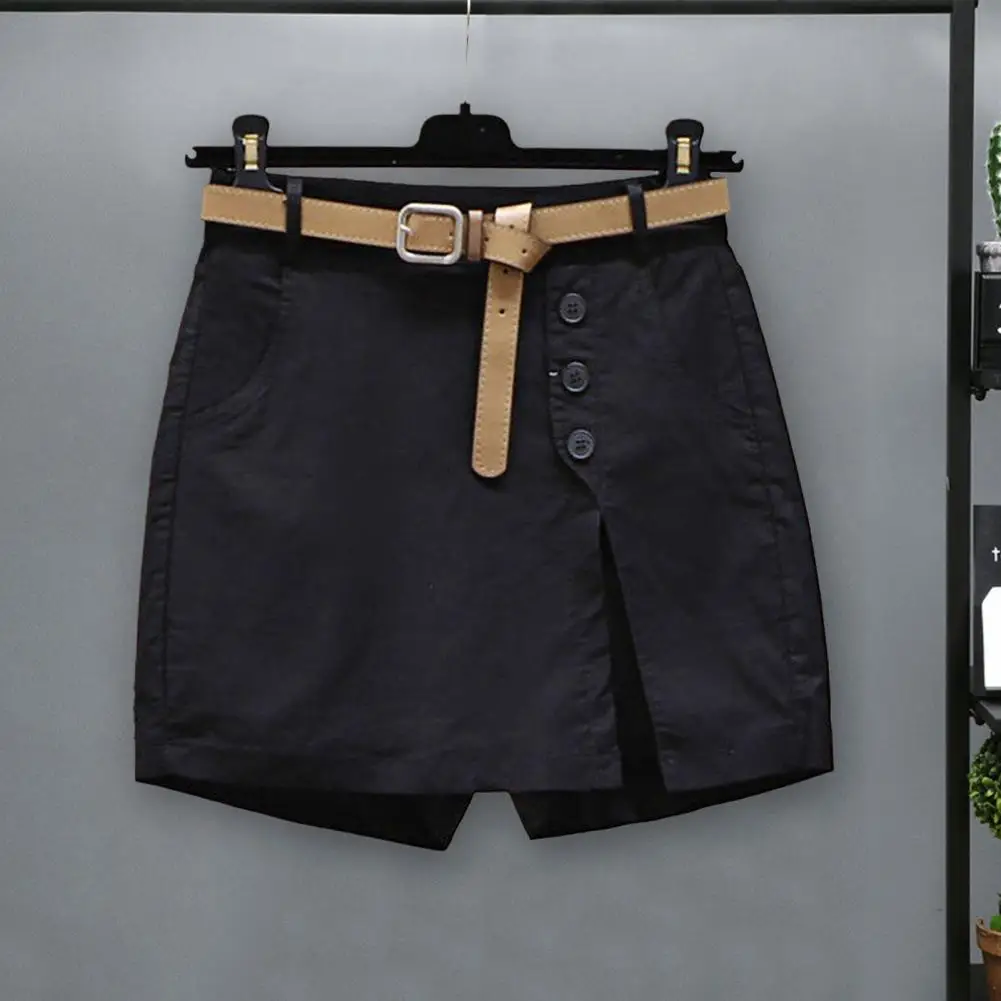 

Women High Waist Shorts High Waist Women's Skirt Shorts Buttoned Side Split Above Knee Length Solid Color Pockets Soft