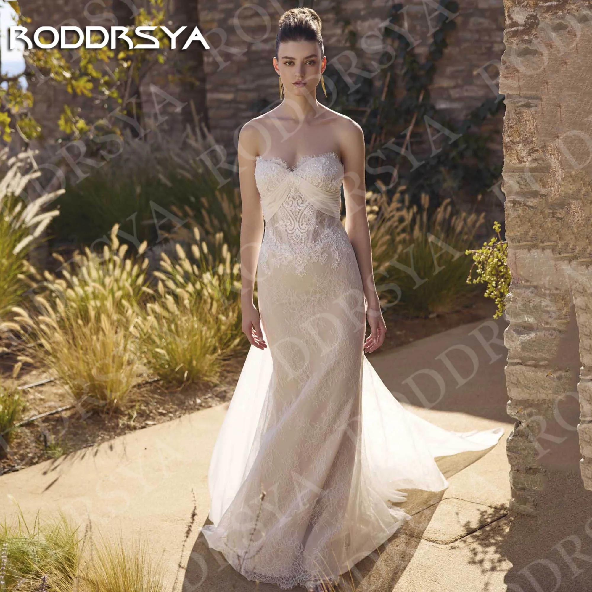 

RODDRSYA Strapless Mermaid Wedding Dress Lace Beach Bohemian Open Back Applique Bridal Gown Summer Customized robe de mariée
