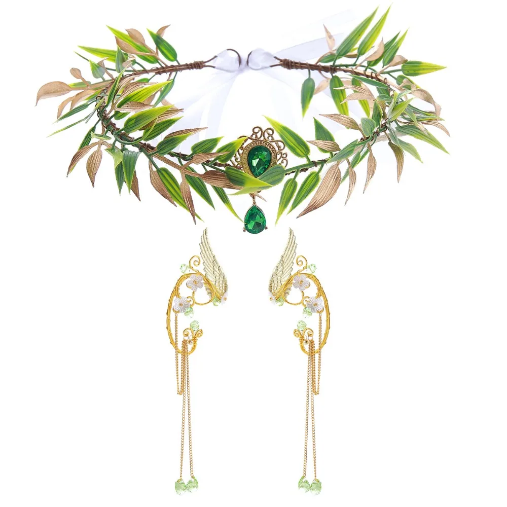 할로윈 엘프 코스프레 세트 요정 꽃 왕관 헤드피스 엘프 귀 커프 르네상스 의상 나뭇잎 엘프 날개 귀걸이
