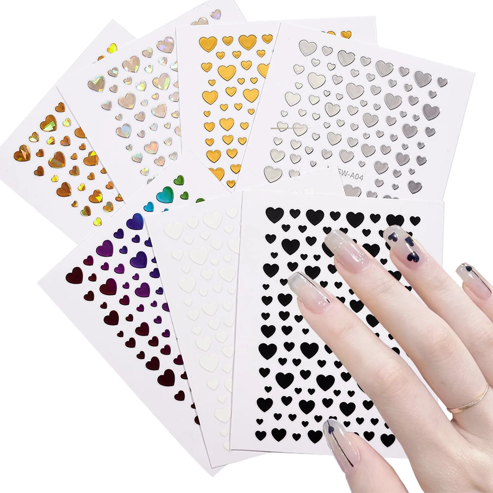 1Pcs Laser Silver Heart Nail Sticker 8Color Self-Adhesive Slider Design 3D Love Hearts Valentine Decal Decor Manicure sticker#NK