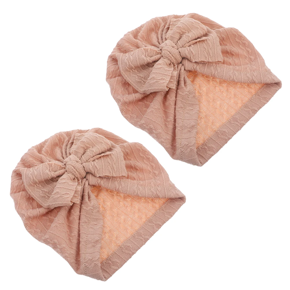 

2pcs Bow Beanie Newborn Cap Toddler Turban Hat Soft Stretchy Big Bow Knotted Headwrap Breathable Infant Bonnet Chocolate