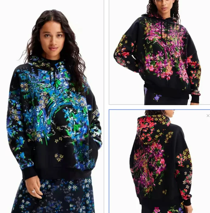 

Foreign trade original single Spanish new fashion print hooded silhouette casual hoodie