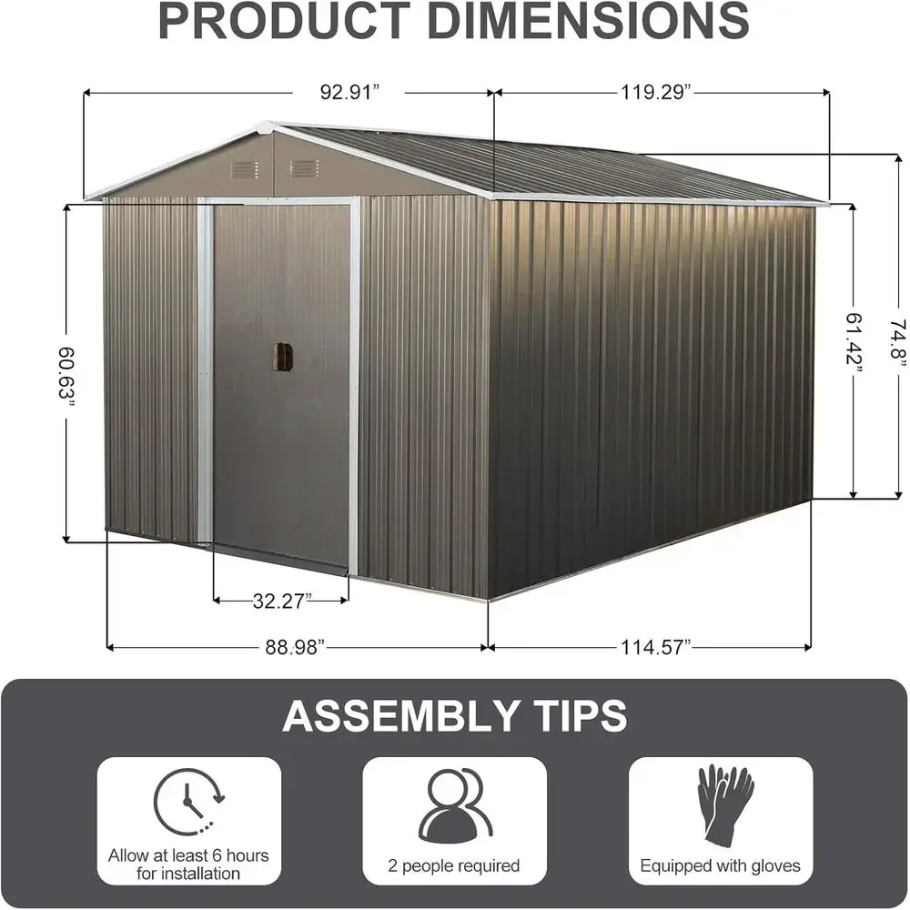 Gray Metal Outdoor Storage Shed, 9.94x7.74ft, with Floor and Lockable Door