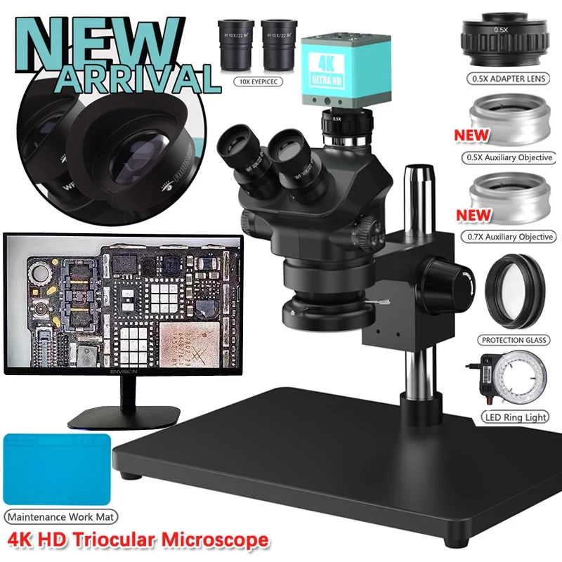 Zoom Trinocular Stereo Microscope Set + 2K 4K 48MP 55MP HDMI USB Video Camera + 1X 0.7X 0.5X Auxiliary Objective Lens 3.5X 7-50X