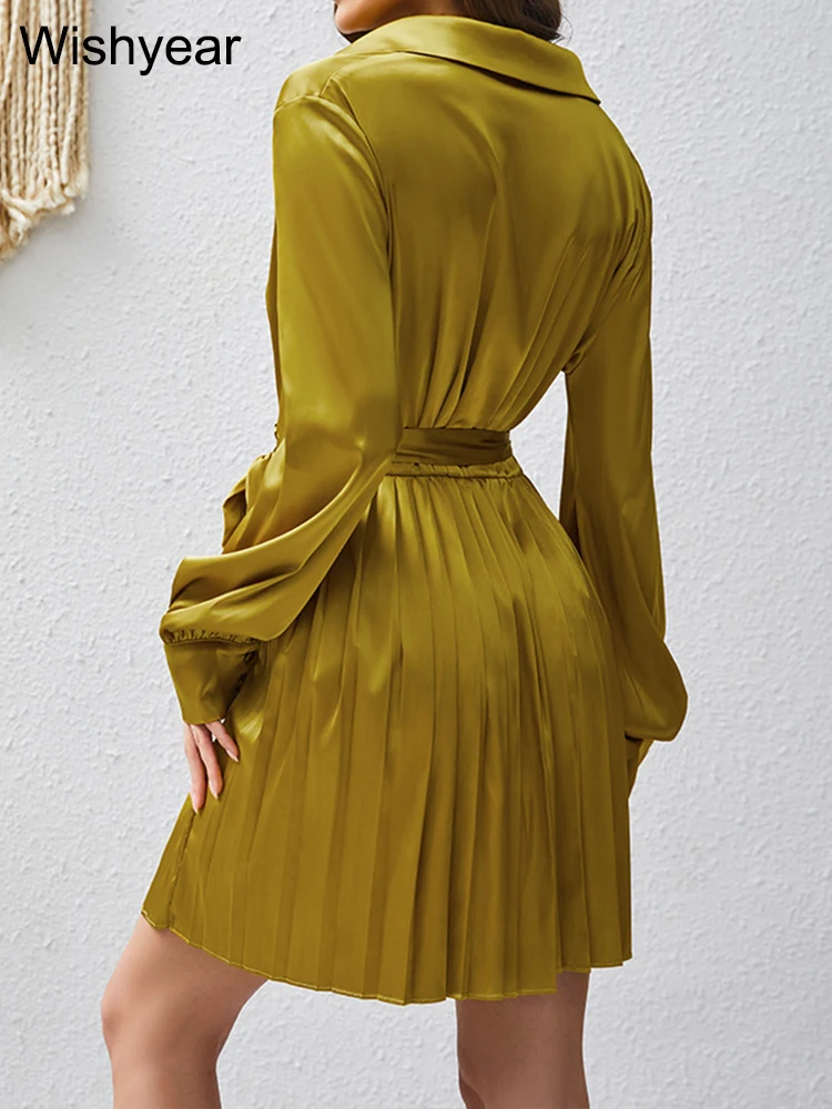 فستان قصير بطيات باللون الأصفر الذهبي من Wishyear للنساء أنيق للمكتب والخريف بأكمام كاملة وأربطة بتصميم لحفلة عيد الميلاد المسائية