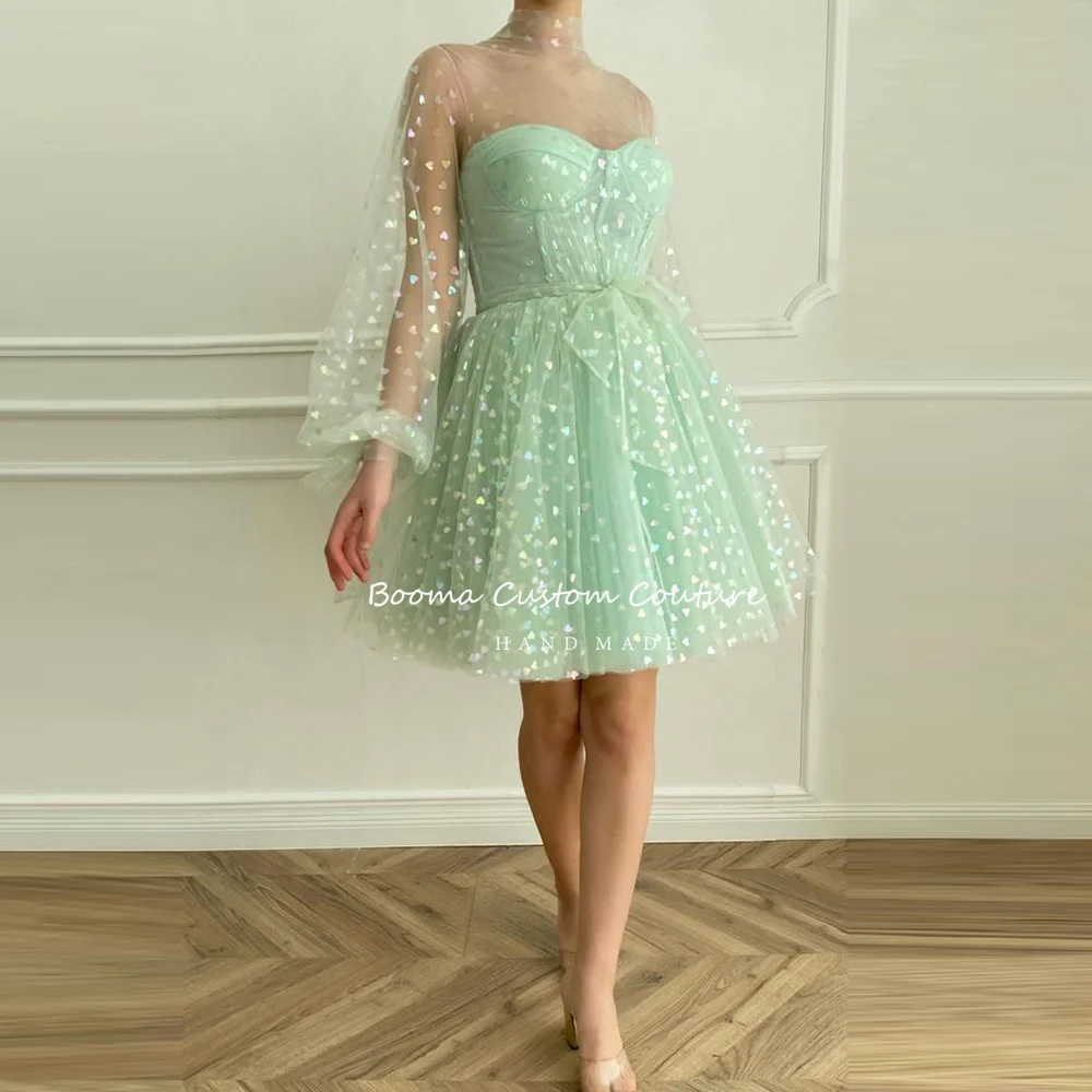 Booma Mint Green Mini Prom Dresses Long Puff Sleeves Printed Hearts Tulle Short Prom Gowns Above Knee Wedding Party Dresses