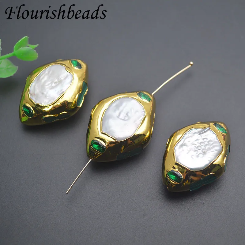 

Geometric Shape Natural Freshwater Pearls Gold Plated Loose Beads Paved Green Zirconia for DIY Jewelry Making 5pcs/lot