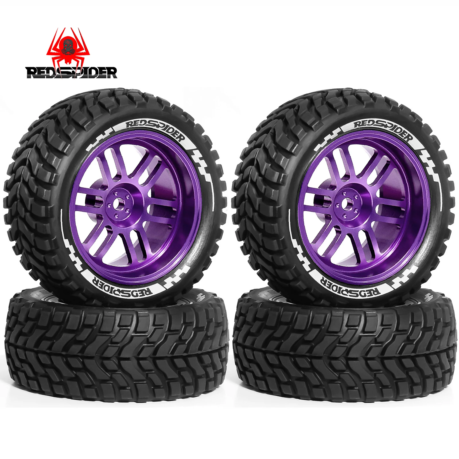 RED SPIDER 4Pcs 75mm 1/10 RC Rally Tire   Metal Wheels Kit 12mm Hex  for 1:10 Off‑Road RC Car TT02B  Wltoys 10428 Upgrade Parts