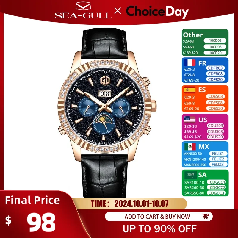 

Watch For Men High Quality Luxury Diamond Male Mechanical Watch Waterproof Date Stainless Steel Watches Clock Seagull Movement