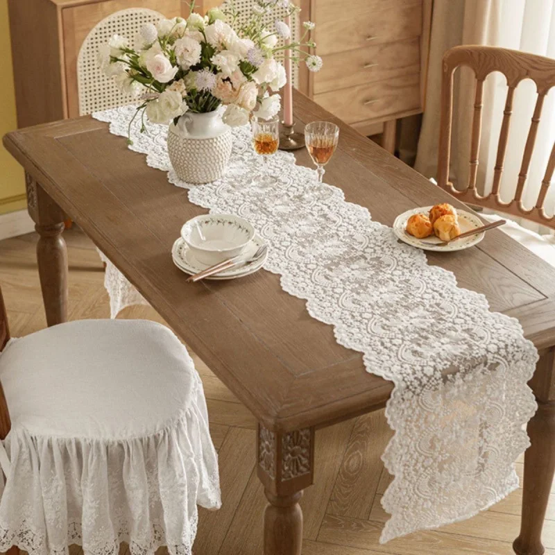 Lace Table Runner Vintage Embroidered Rustic Wedding Table Decoration for Bedroom Tabletop Dust Cover Baby Shower Birthday Decor