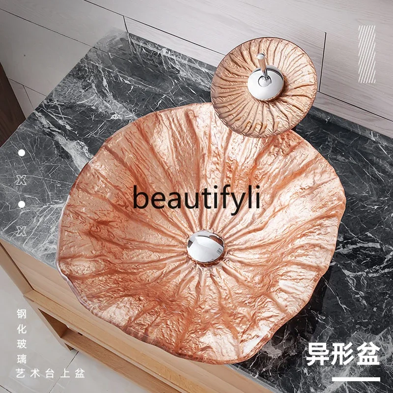 

ss Bathroom tempered glass countertop basin Hotel household sink Coral art wash basin