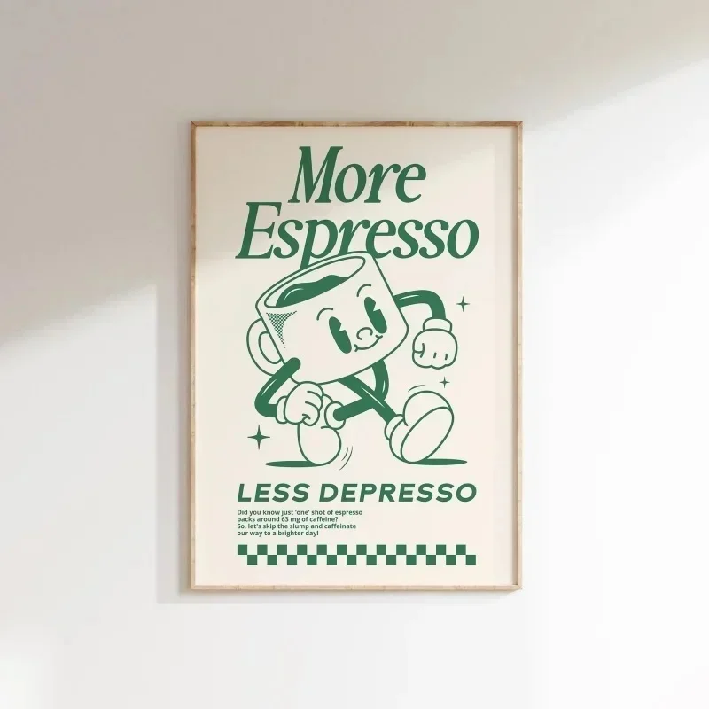 Wandkunst „Mehr Espresso, weniger Depresso“, Wandkunst mit Kaffee-Zitat, Wandkunst für die Kaffeestation, Kaffeebar-Druck, niedliche Drucke, Retro-Zitat – Detail 4