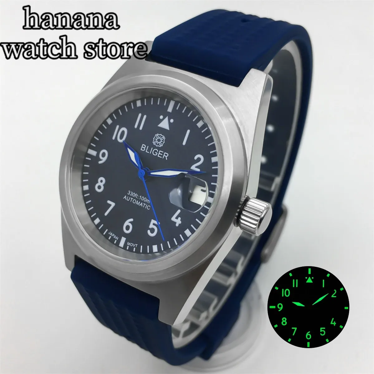 BLIGER 38mm Men's watch brushed case fits NH35A PT5000 movement sapphire glass Black white blue-green luminous dial rubber strap