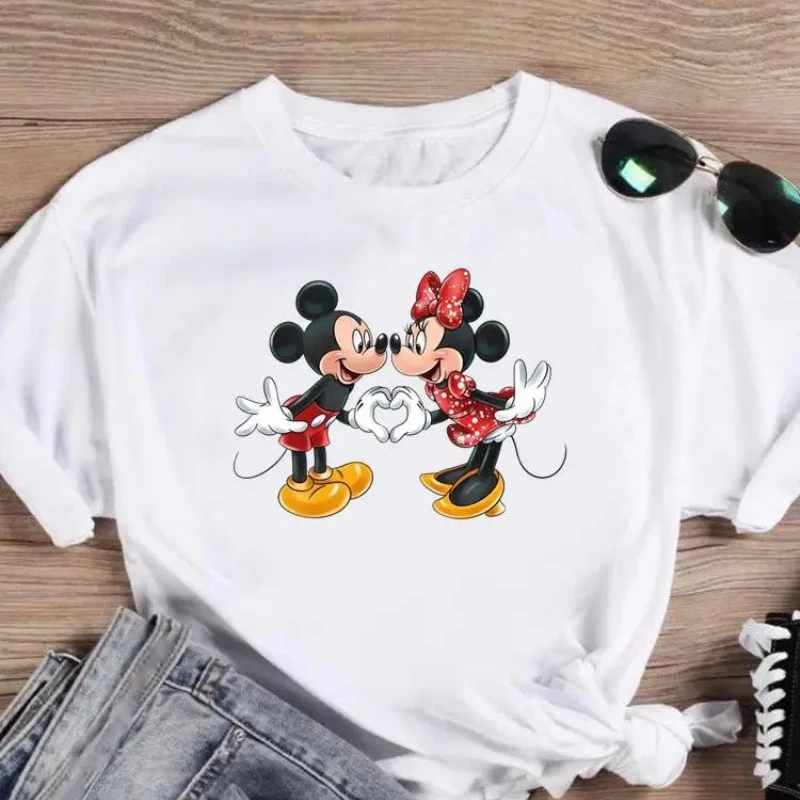 

Модная футболка для пар с принтом Disney, Микки и Минни Маус, повседневная летняя уличная футболка с короткими рукавами и круглым вырезом, универсальная атмосфера
