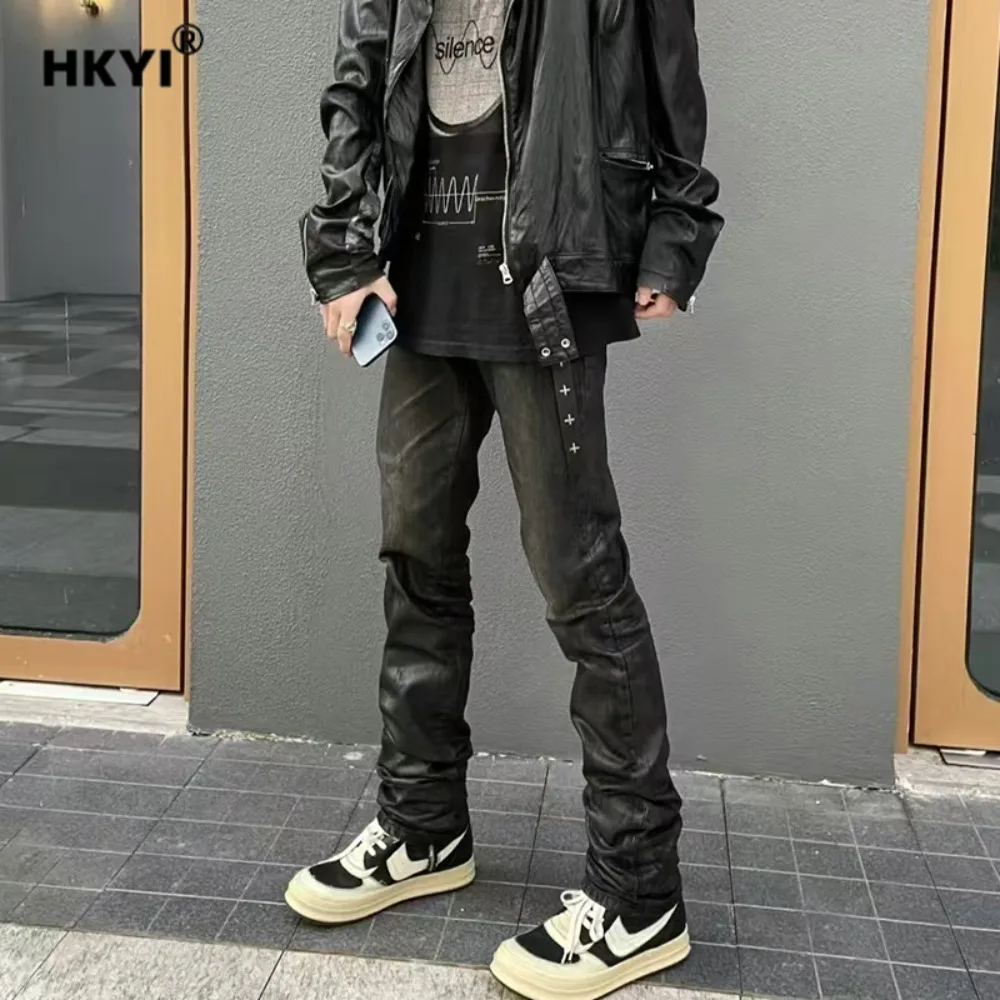

HKYI Men's Black Vinyl Wax Pants Slim Fit Straight leg Jeans High Street Wax Pants