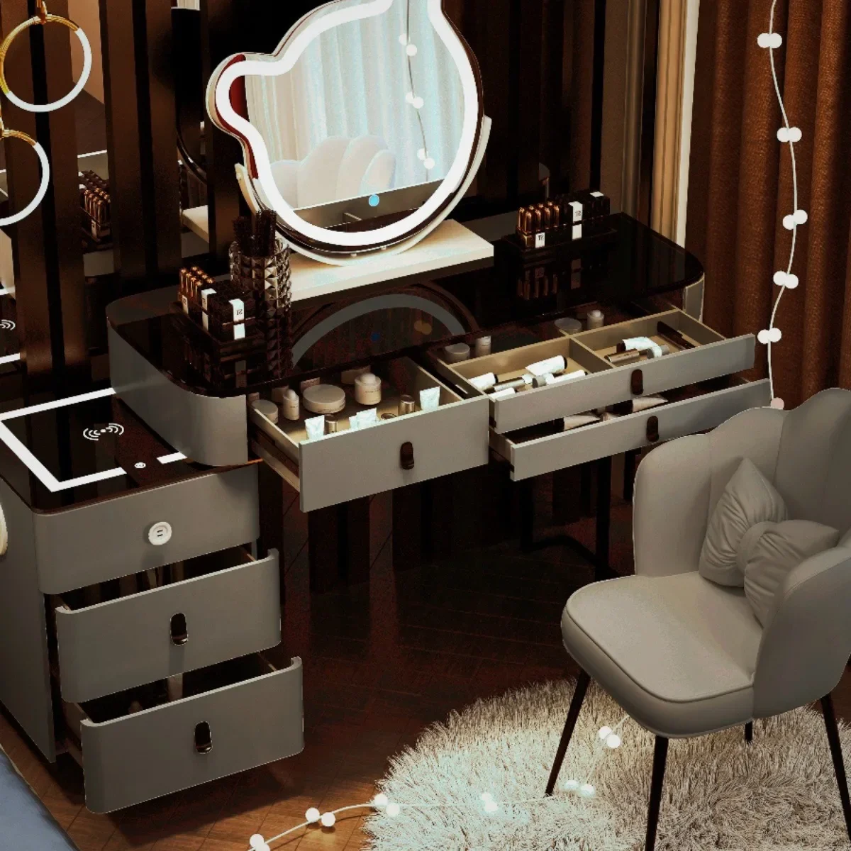Modern elegant princess beautiful women wireless charging high-end smart dresser with mirror and drawers