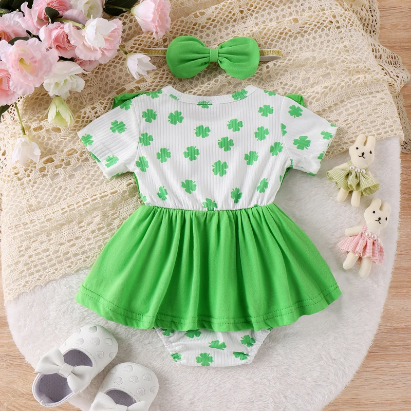 Baby Girl St Patrick Easter Outfits Short Sleeve Crewneck Clover Bunny Romper Dress Infant Summer Clothes