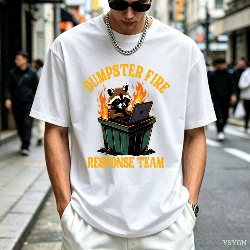 Funny Dumpster Fire Raccoon Tshirt Mental Health Tee Shirt Casual Cotton Short Sleeve T-shirt Streetwear Loose Men's Clothes