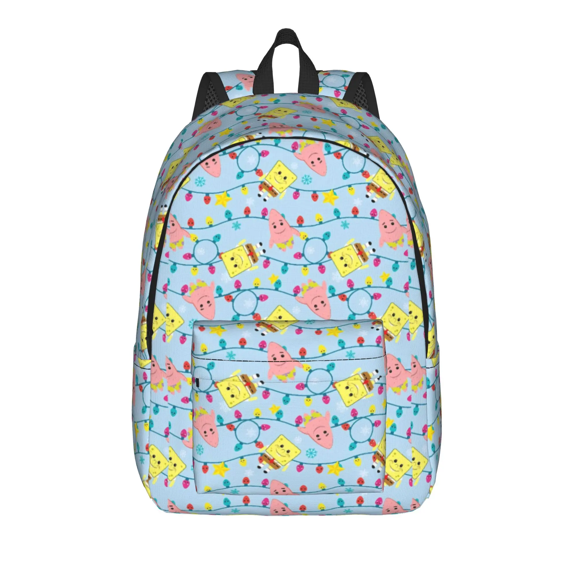 S-SpongeBobed Light Blue Pastel Floral Tile Backpack  Cycling Backpacks Female Designer Print High School Bags Fun Rucksack