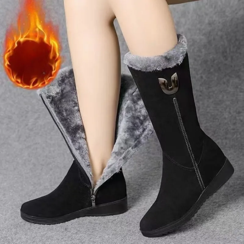 

Women's Winter Boots Mid-Calf Large Size Plush Inner Sloping Heel Cotton Shoes Side Zipper Anti Slip Snow Flat Boots Botas Mujer