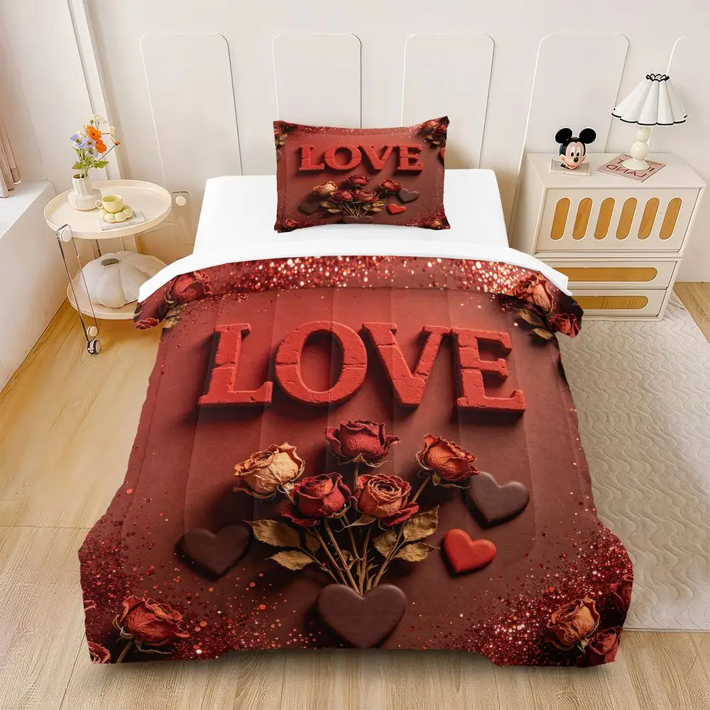 Rose LOVE Glitter Digital Print Comforter Set Quilt Bedding Set Pillowcase Valentines Couple Bedroom Decor