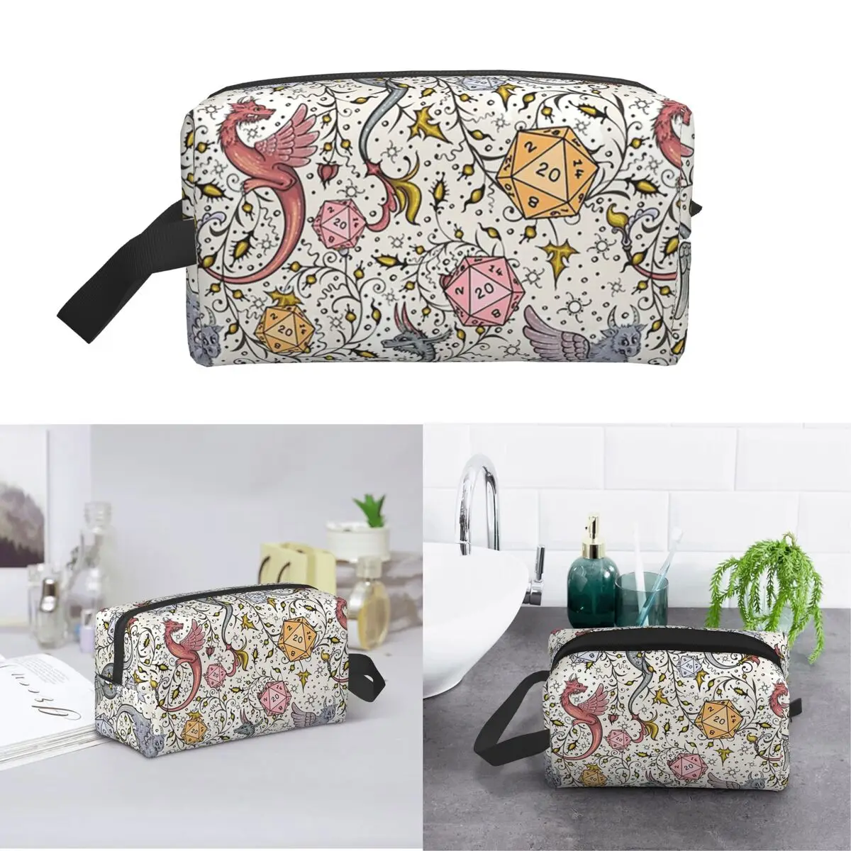 Medieval Dragon And D20 Dice Dnd Pattern Makeup Bag Cosmetic Organizer Storage Dopp Kit Toiletry Cosmetic Bag for Women Beauty